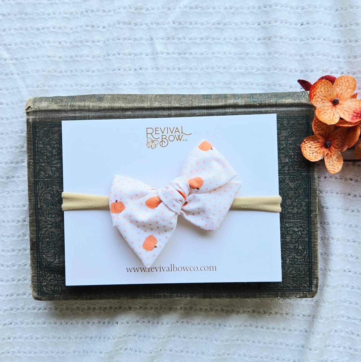 Small Handtied Bow Headband • Pumpkin Dot