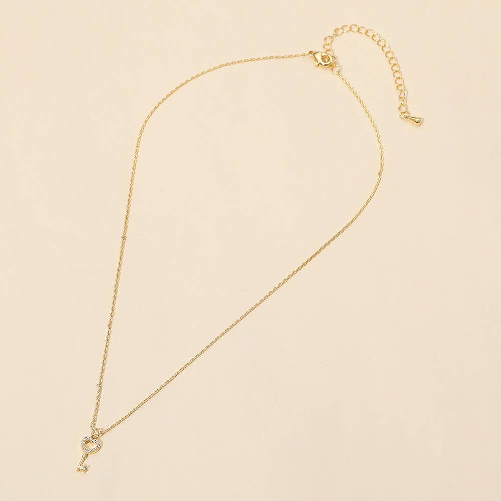 18K Gold Dipped Stone Paved Heart Key Pendant Necklace