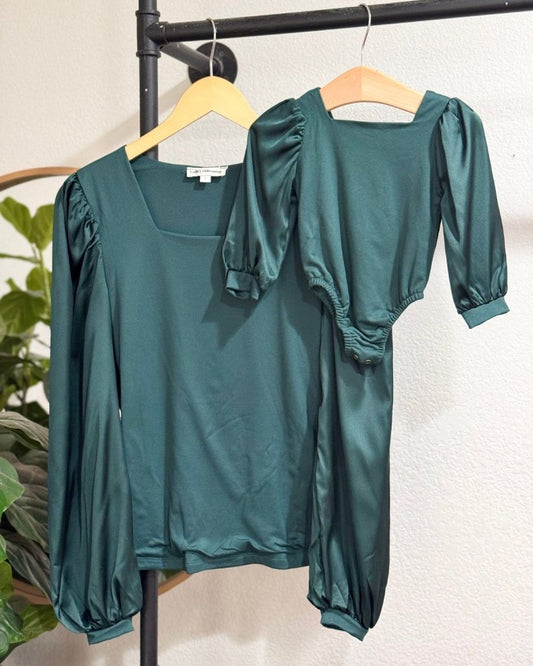 Evangeline Satin Sleeve Top & Leotard - Pine Green