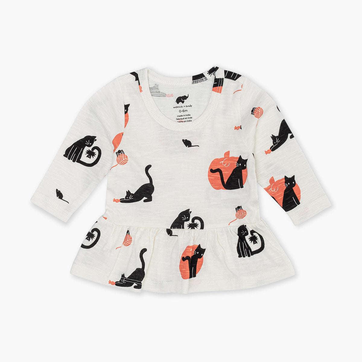 Long Sleeve Peplum Tee - Midnight Meow