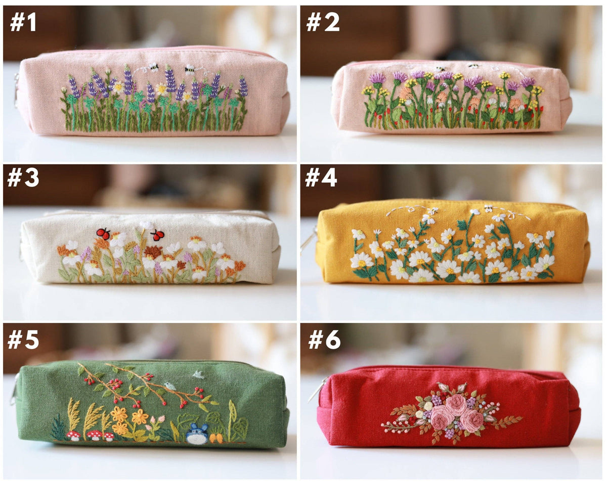 Hand Embroidered Pencil Case with Flower Embroidery