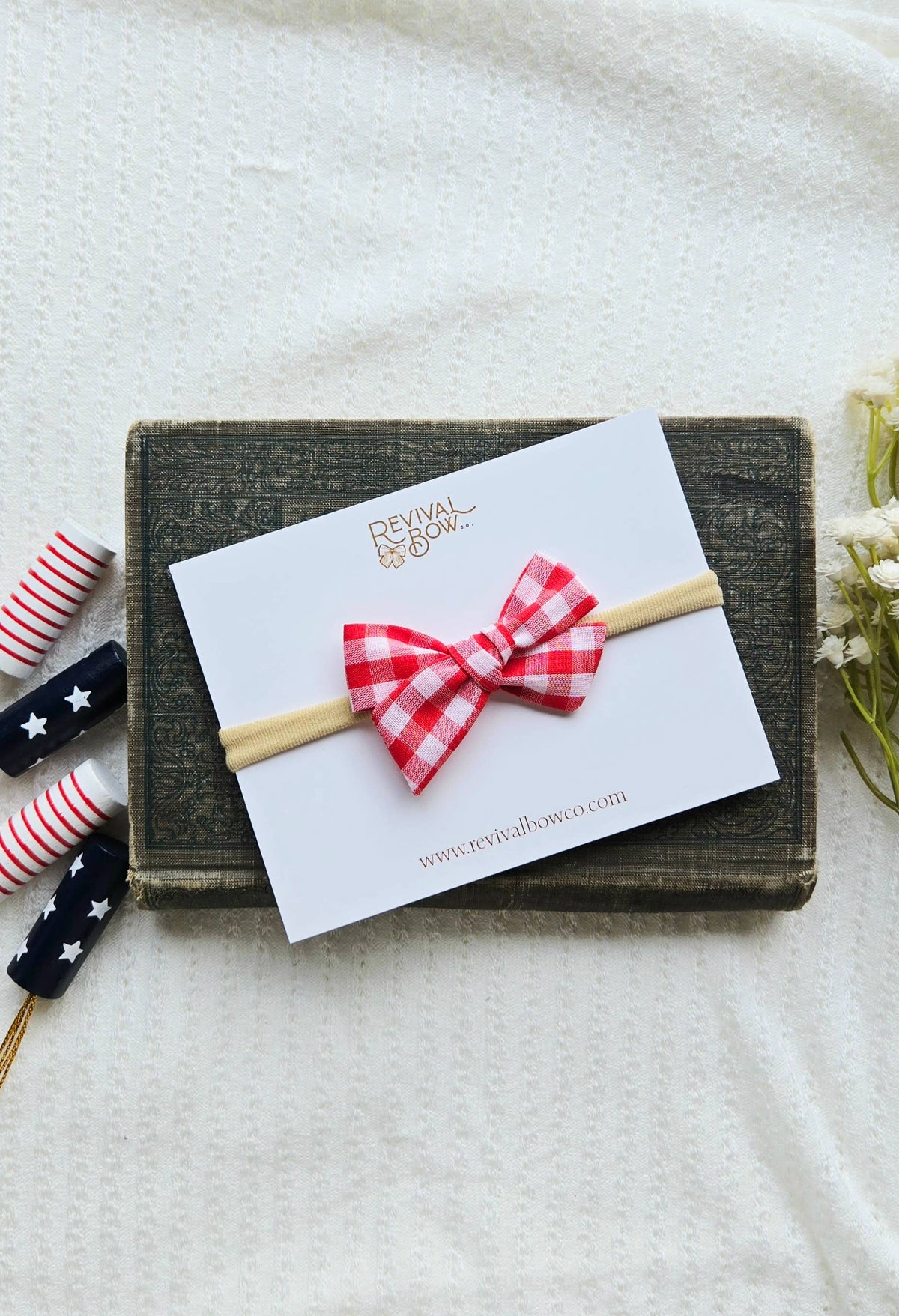 Mini Pinwheel Bow on Headband • Red Gingham • 4th of July