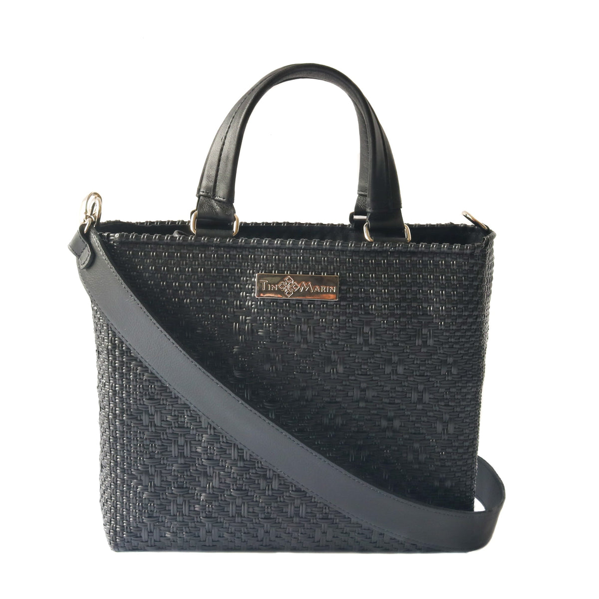 All Black Medium Woven Crossbody Drawstring Bag