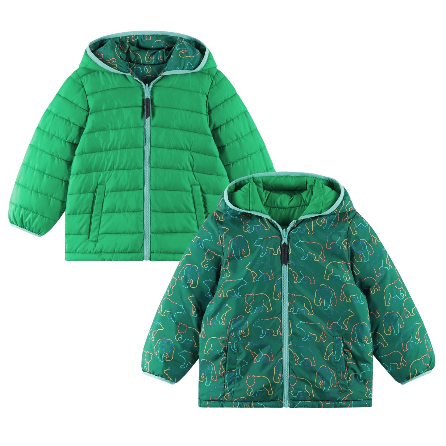 Kids Reversible Puffer Jacket | Green Bear