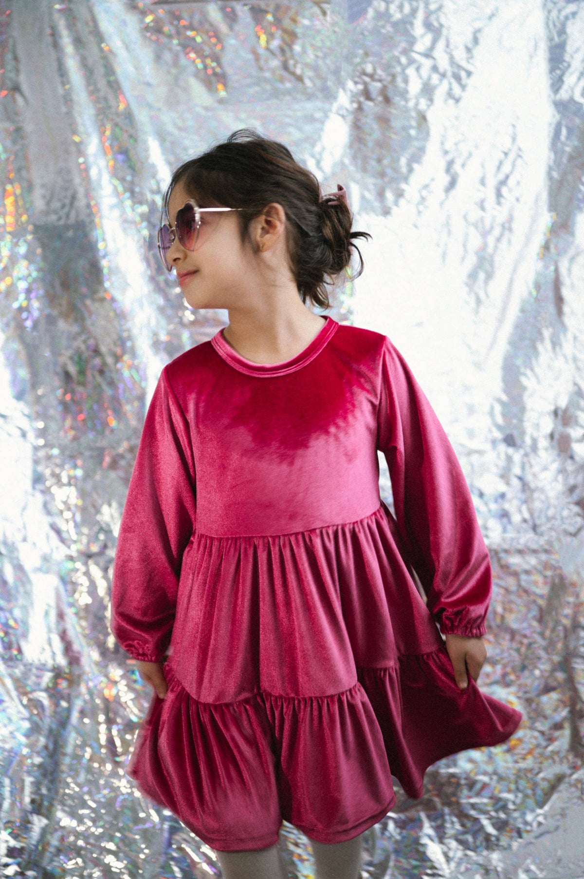 Groovy Velvet Gemstone Girls Dress in Hot Pink Valentine's