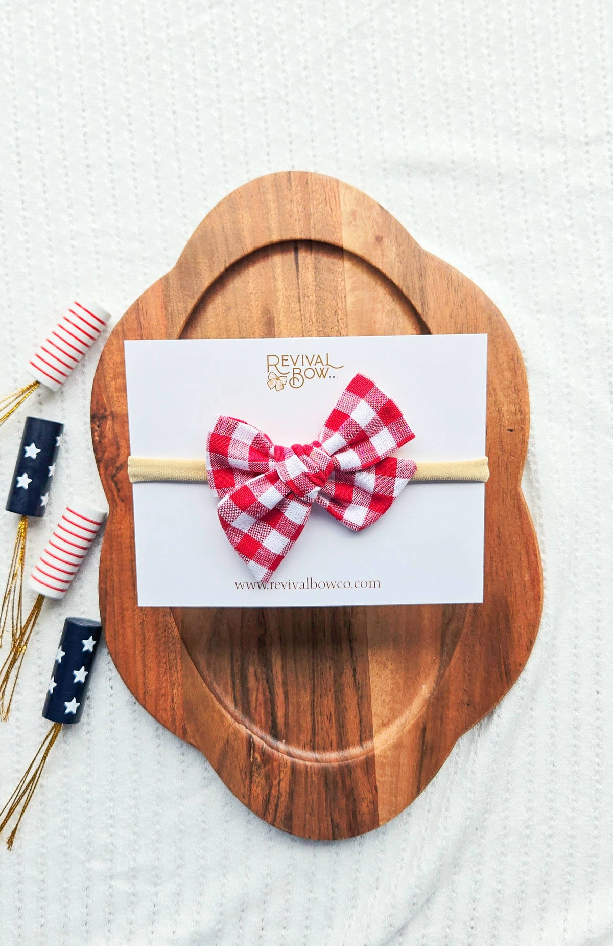 Small Pinwheel Bow on Headband • Red Gingham