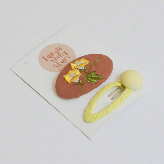 Oval Embroidered Floral Snap Hair Clips | Brown & Lime