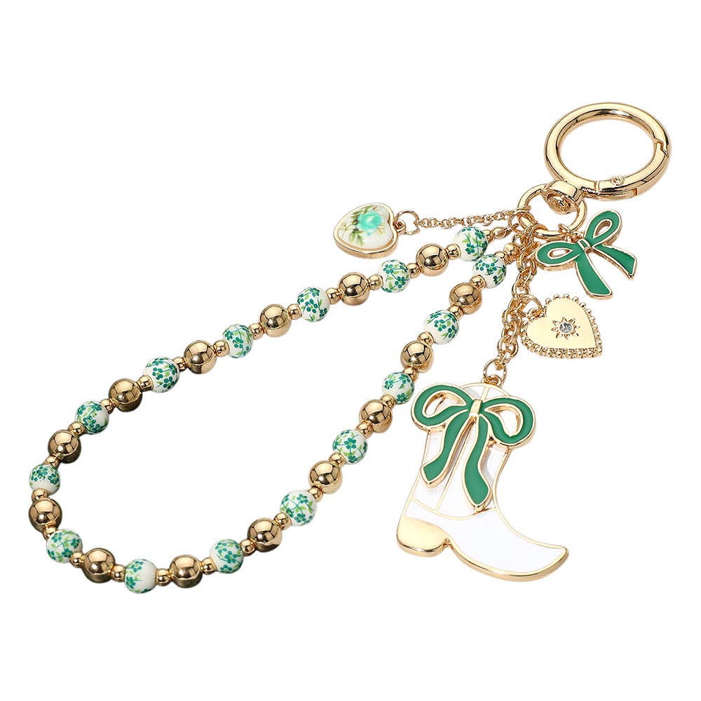 Enamel Bow Cowboy Boot Heart Floral Ceramic Ball Beaded Keychain / Bag Charm