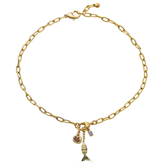 Fish and Pomegranate Charm Drop Necklace
