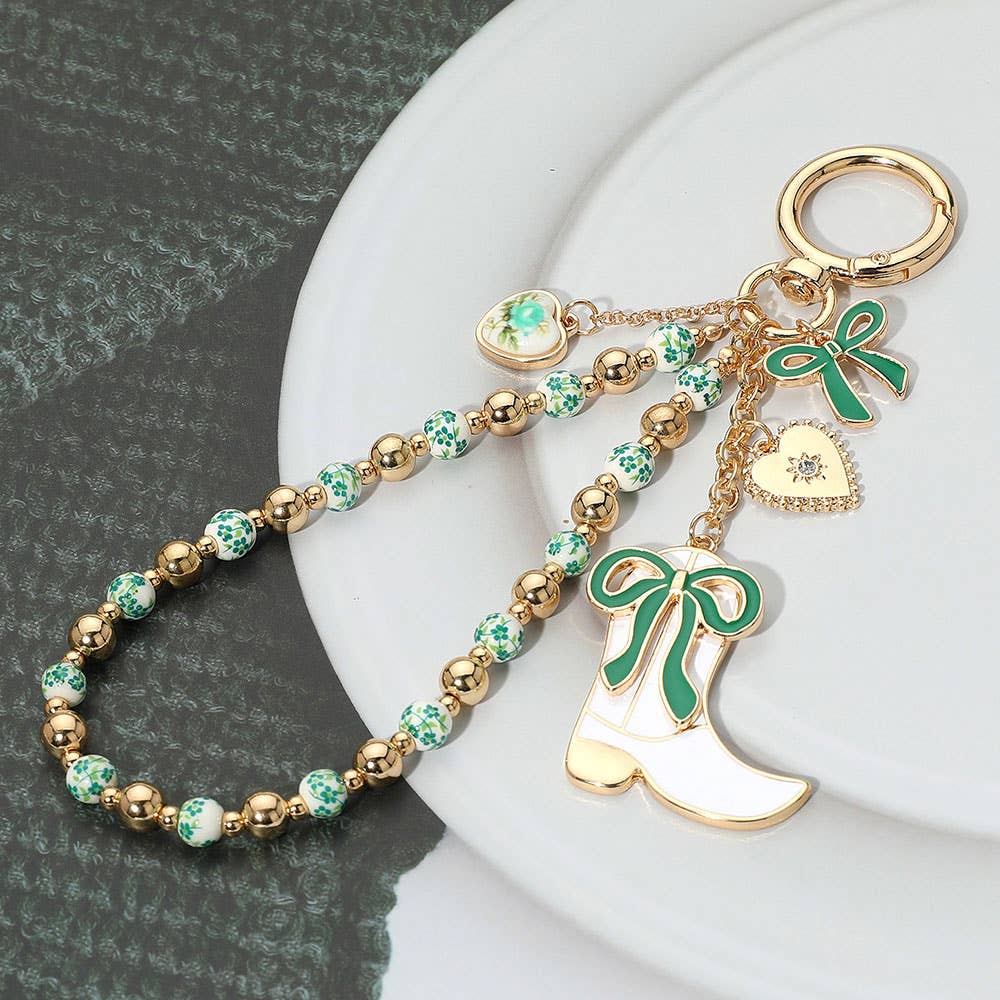 Enamel Bow Cowboy Boot Heart Floral Ceramic Ball Beaded Keychain / Bag Charm