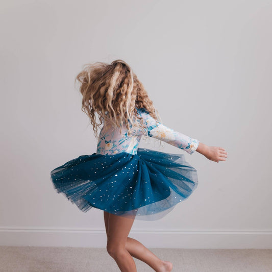 Teal Floral Print Sparkle Tulle Dress