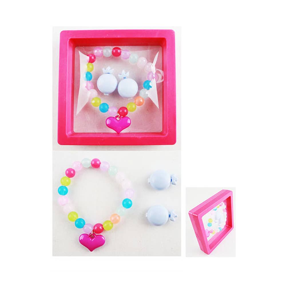 Kids Heart Charm Stretch Bracelet Hair Clip Set
