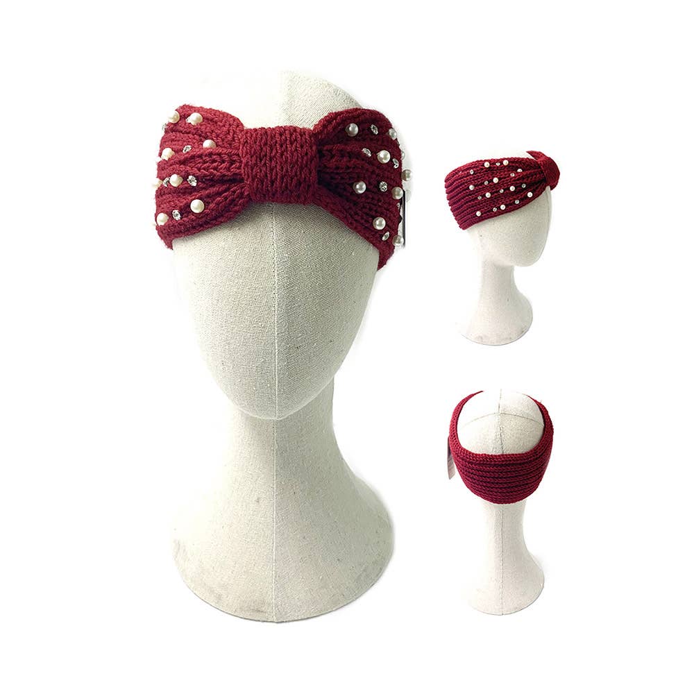 Pearl Stone Embellished Bow Knit Earmuff Headbands