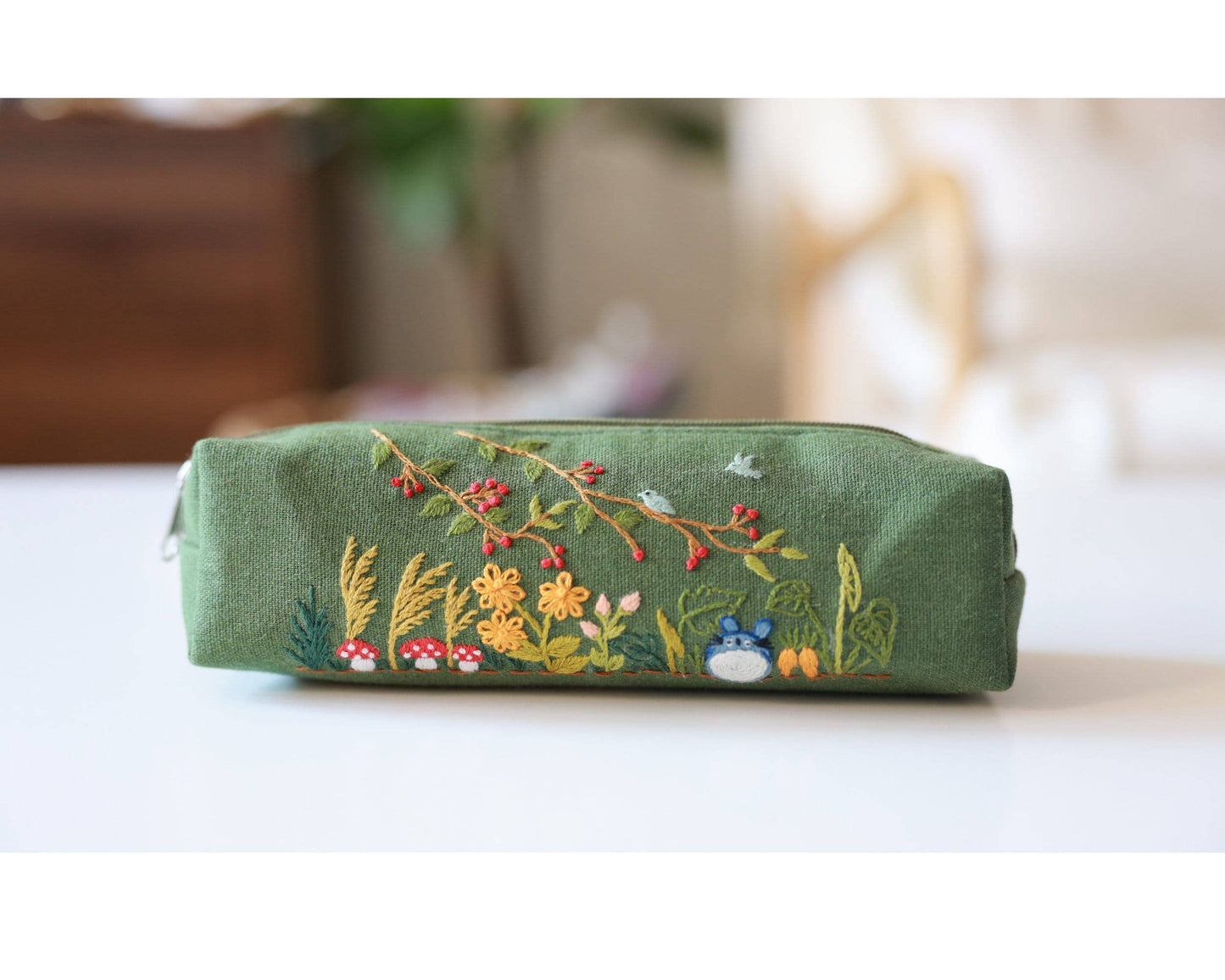 Hand Embroidered Pencil Case with Flower Embroidery