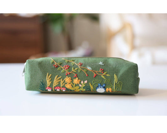 Hand Embroidered Pencil Case with Flower Embroidery