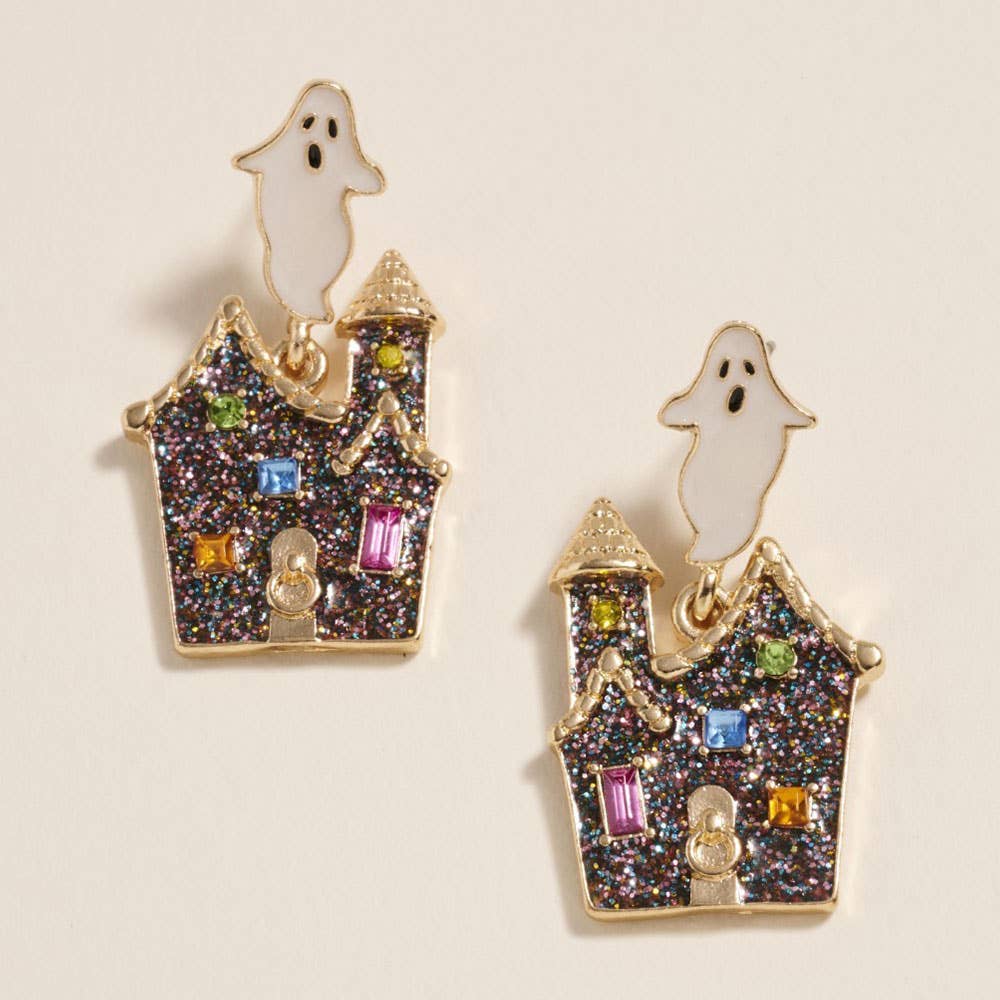 Glittered Haunted Ghost House Dangle Earrings