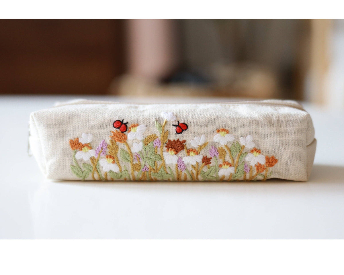 Hand Embroidered Pencil Case with Flower Embroidery