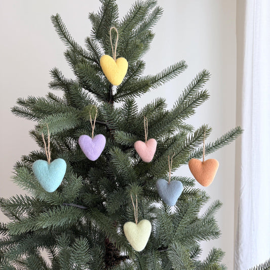 Felt Pastel Heart Ornaments – Set of 7 Wool Decorations