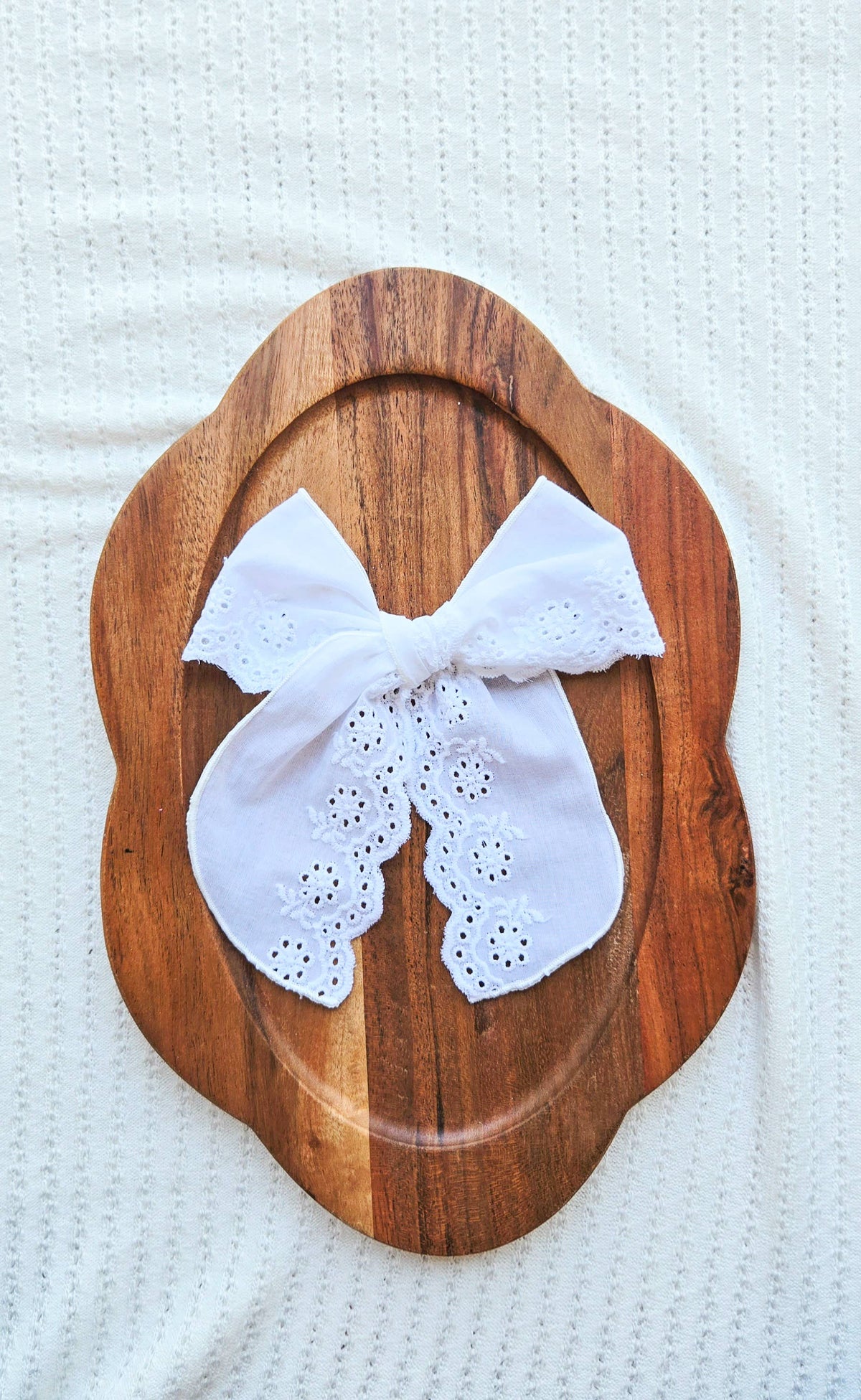 Large Fable Bow on Clip •  White Eyelet Lace