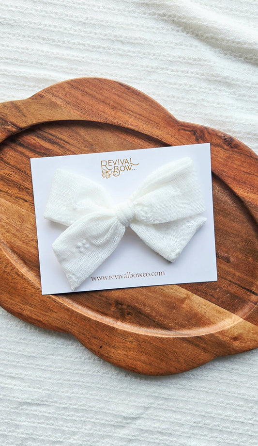 Large Pinwheel Bow on Clip • White Floral Lace