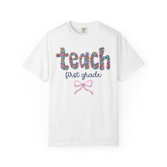 First Grade Teacher Tee Shirt with Bow