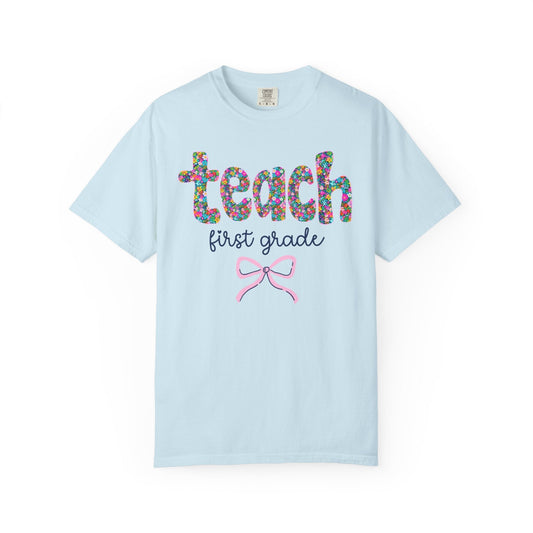 First Grade Teacher Tee Shirt with Bow