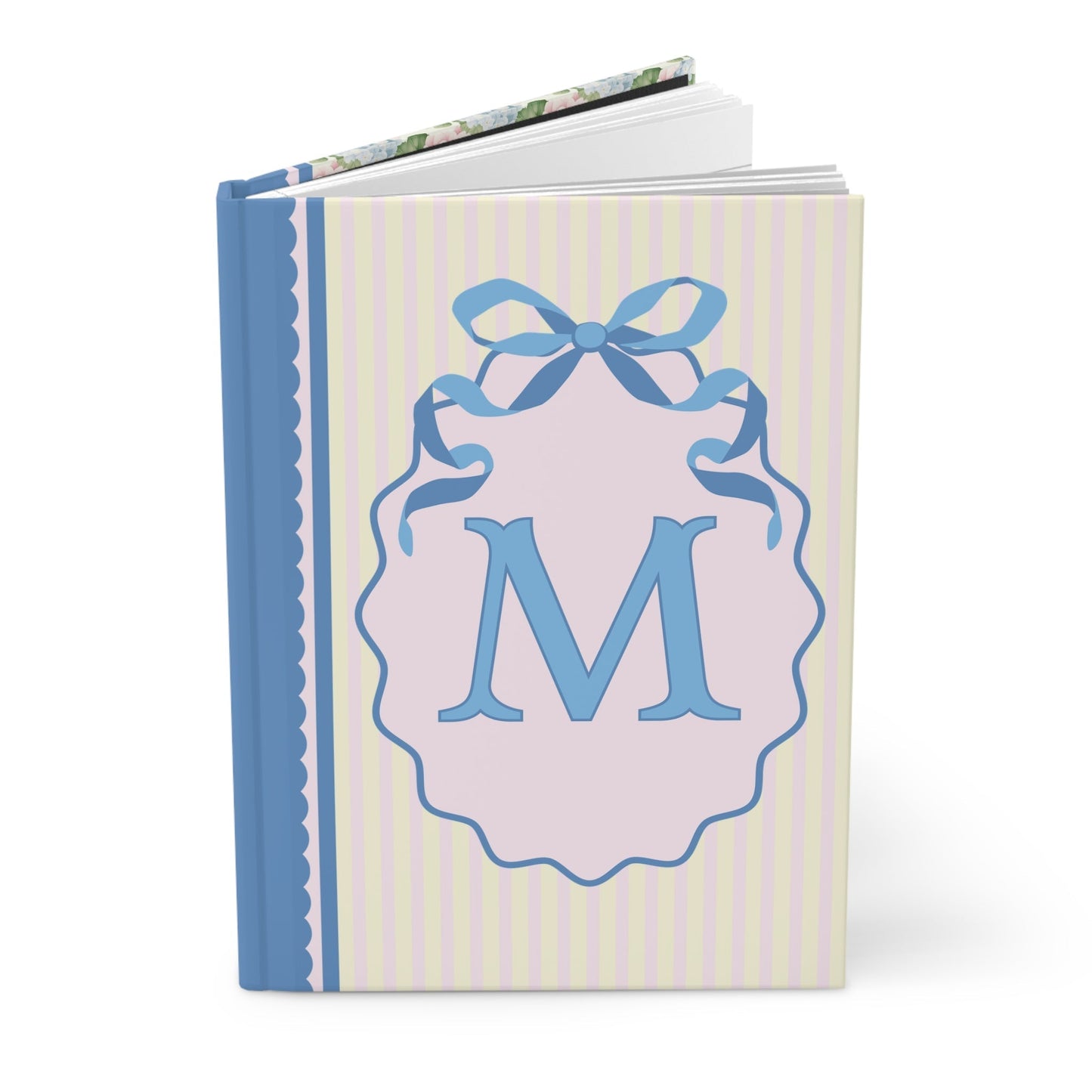 Floral Initial Notebook with Blue Ribbon and Yellow Stripes: M