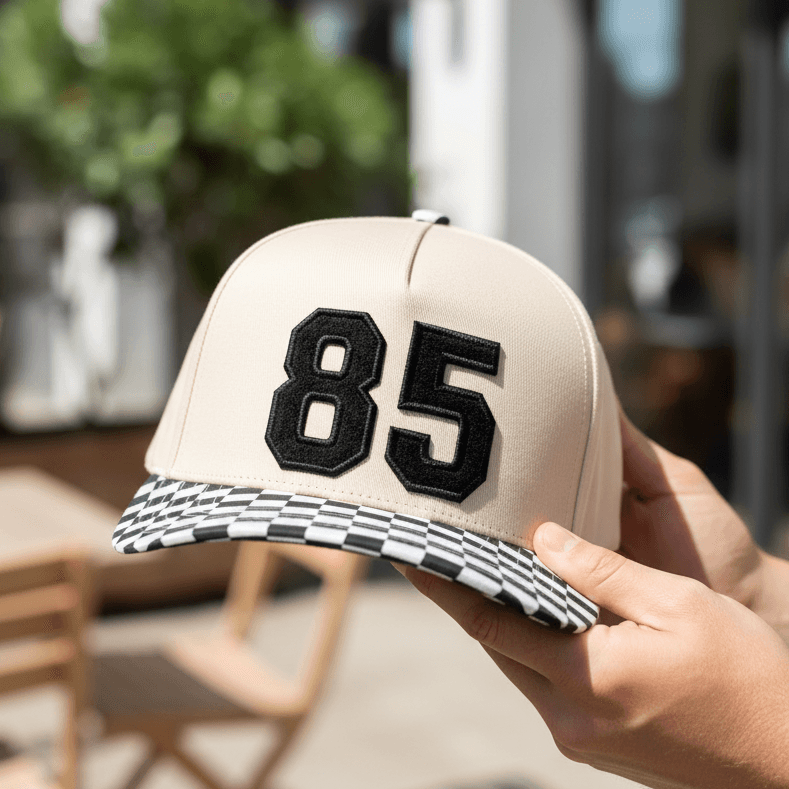 Collegiate Letter or Number Glitter HTV or Fabric Applique Embroidered Adjustable Checkered Bill Snapback Baseball Hat