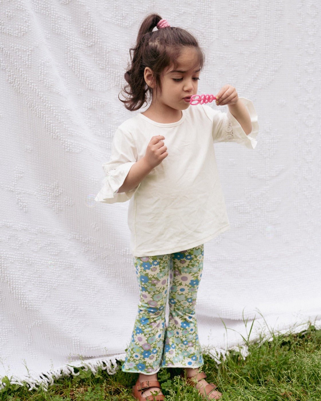 Green and Blue Flower Power Jersey Knit Bell Bottoms for Babies, Toddlers and Girls