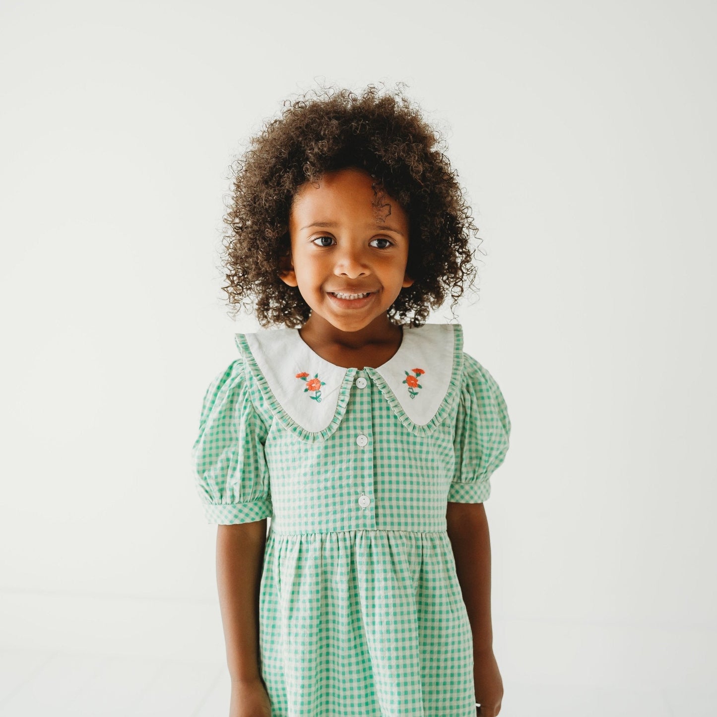Green Gingham hand embroidered Mia Dress
