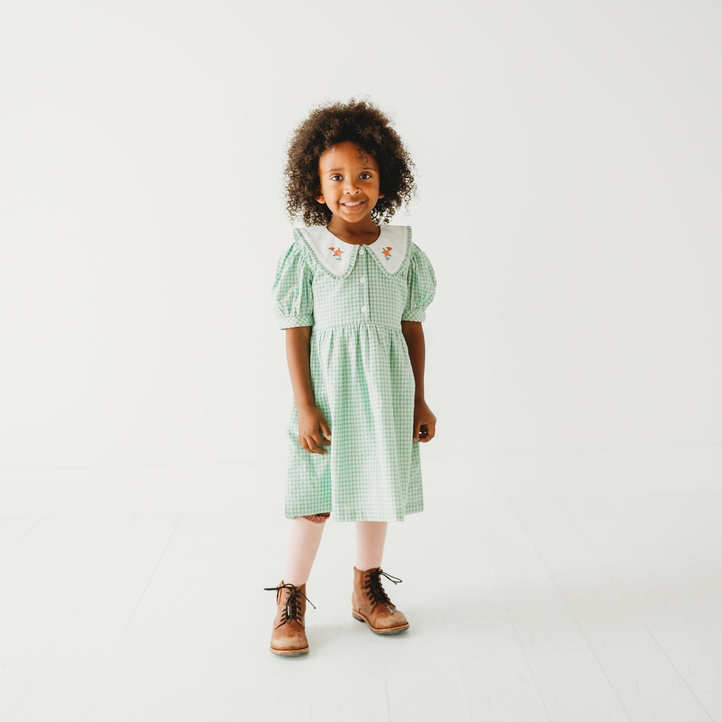 Green Gingham hand embroidered Mia Dress