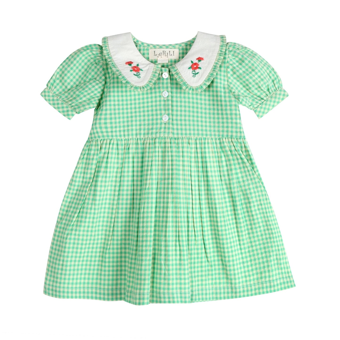 Green Gingham hand embroidered Mia Dress