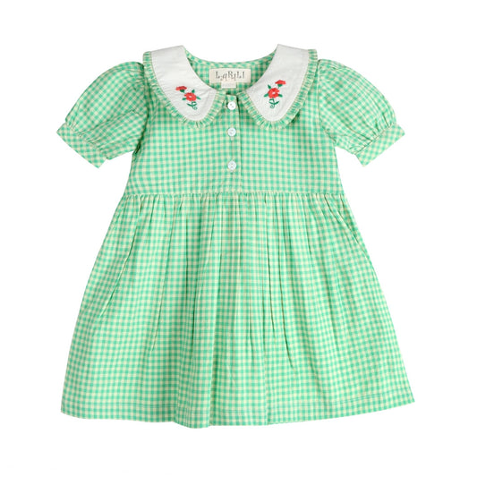 Green Gingham hand embroidered Mia Dress