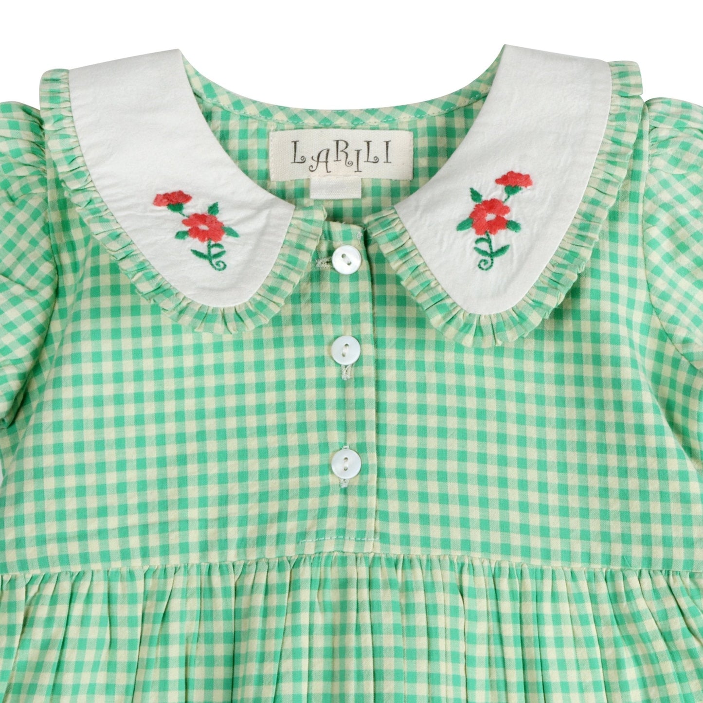 Green Gingham hand embroidered Mia Dress