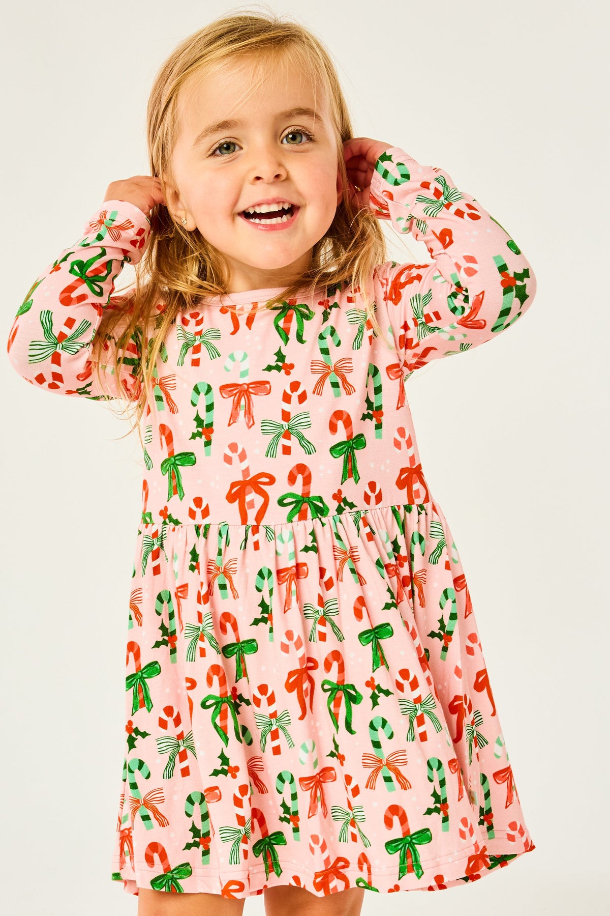Stretchy Long Sleeve Twirl Dress - Candy Canes