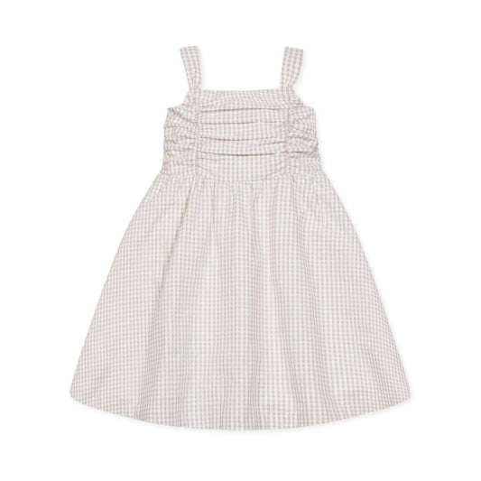 Baby Organic Ruched Bodice Party Dress - Taupe Gingham Seersucker
