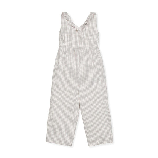 Ruffle Neck Organic Jumpsuit - Taupe Gingham Seersucker
