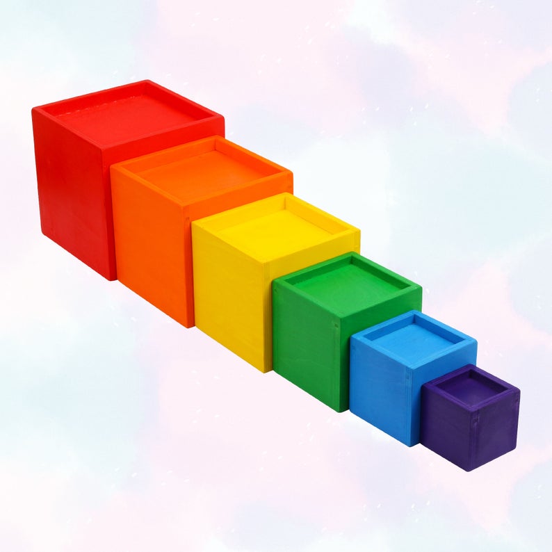 6-Piece Basswood Wooden Rainbow Nesting Box Set | Painted & Hand-Stained Finishes | Montessori Stacking Toy