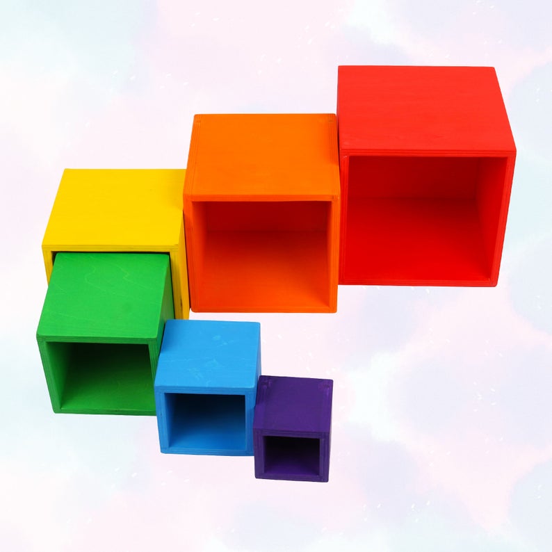 6-Piece Basswood Wooden Rainbow Nesting Box Set | Painted & Hand-Stained Finishes | Montessori Stacking Toy