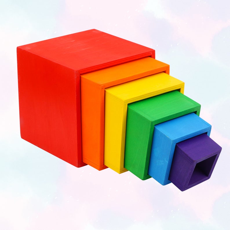 6-Piece Basswood Wooden Rainbow Nesting Box Set | Painted & Hand-Stained Finishes | Montessori Stacking Toy