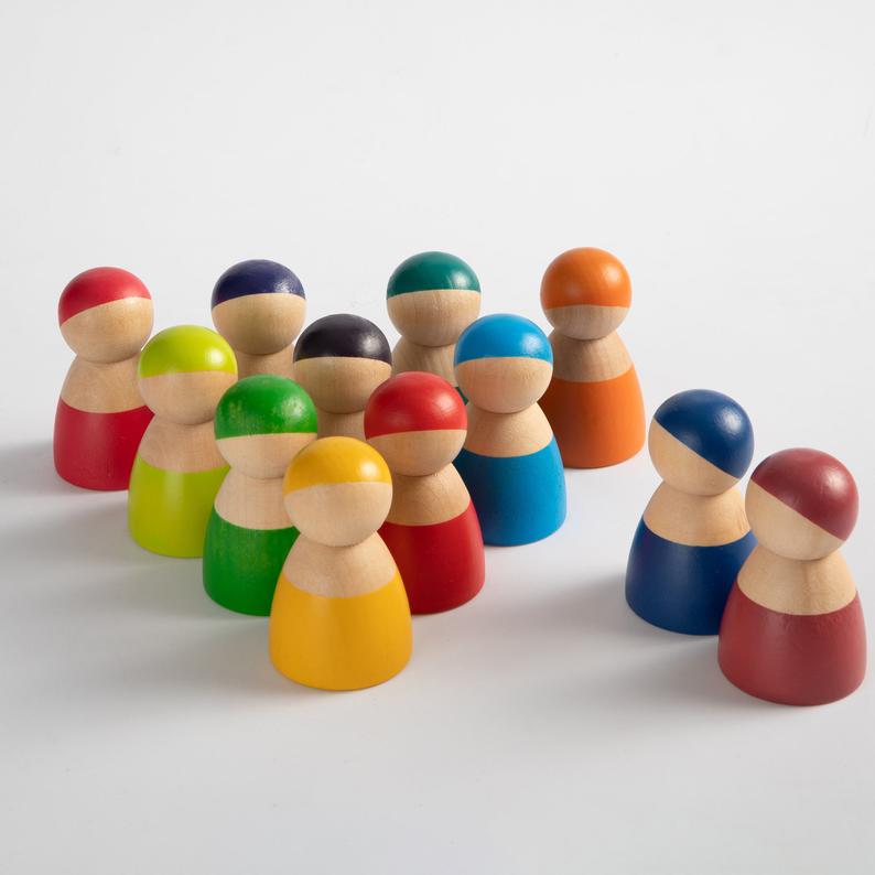 12-Piece Rainbow Wooden Peg Dolls – Primary Color