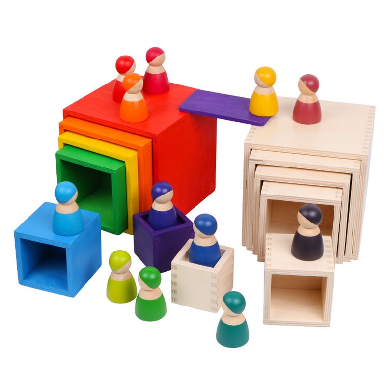 6-Piece Basswood Wooden Rainbow Nesting Box Set | Painted & Hand-Stained Finishes | Montessori Stacking Toy