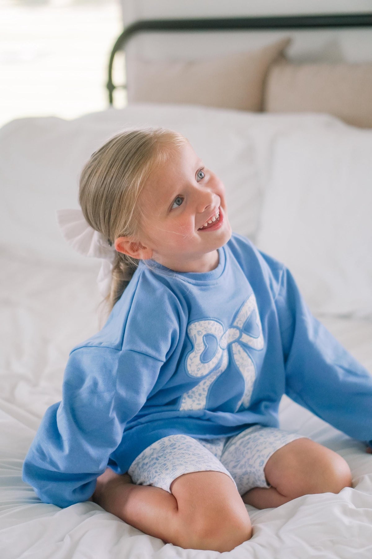 Blue Toile Applique Bow Sweatshirt Romper or Crewneck