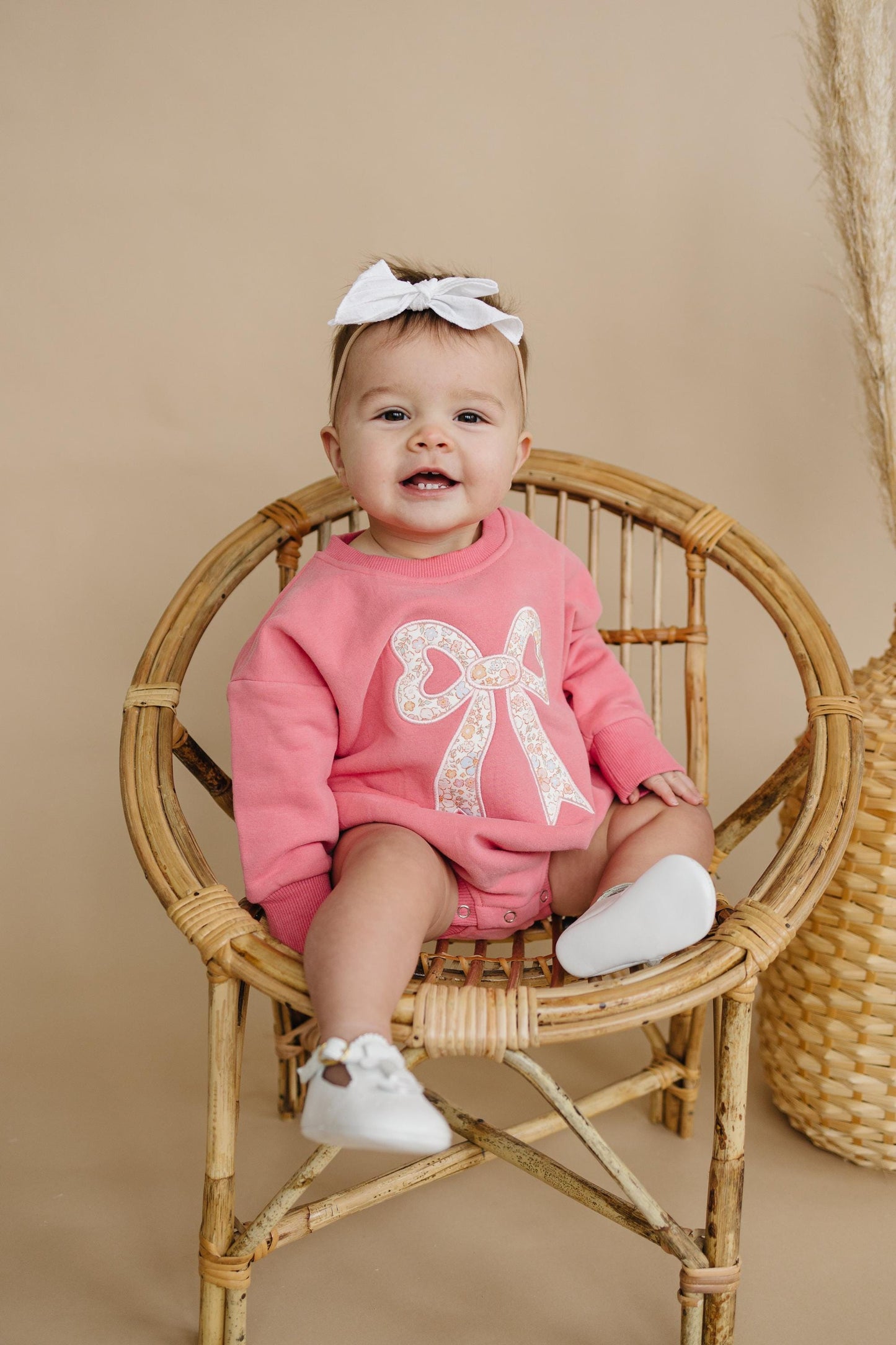 Applique Floral Bow Sweatshirt Romper