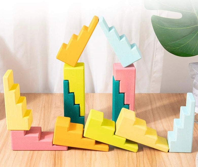 12-Piece Stained Stepped Roof Building Block Set — Pastel / Macaron Colors