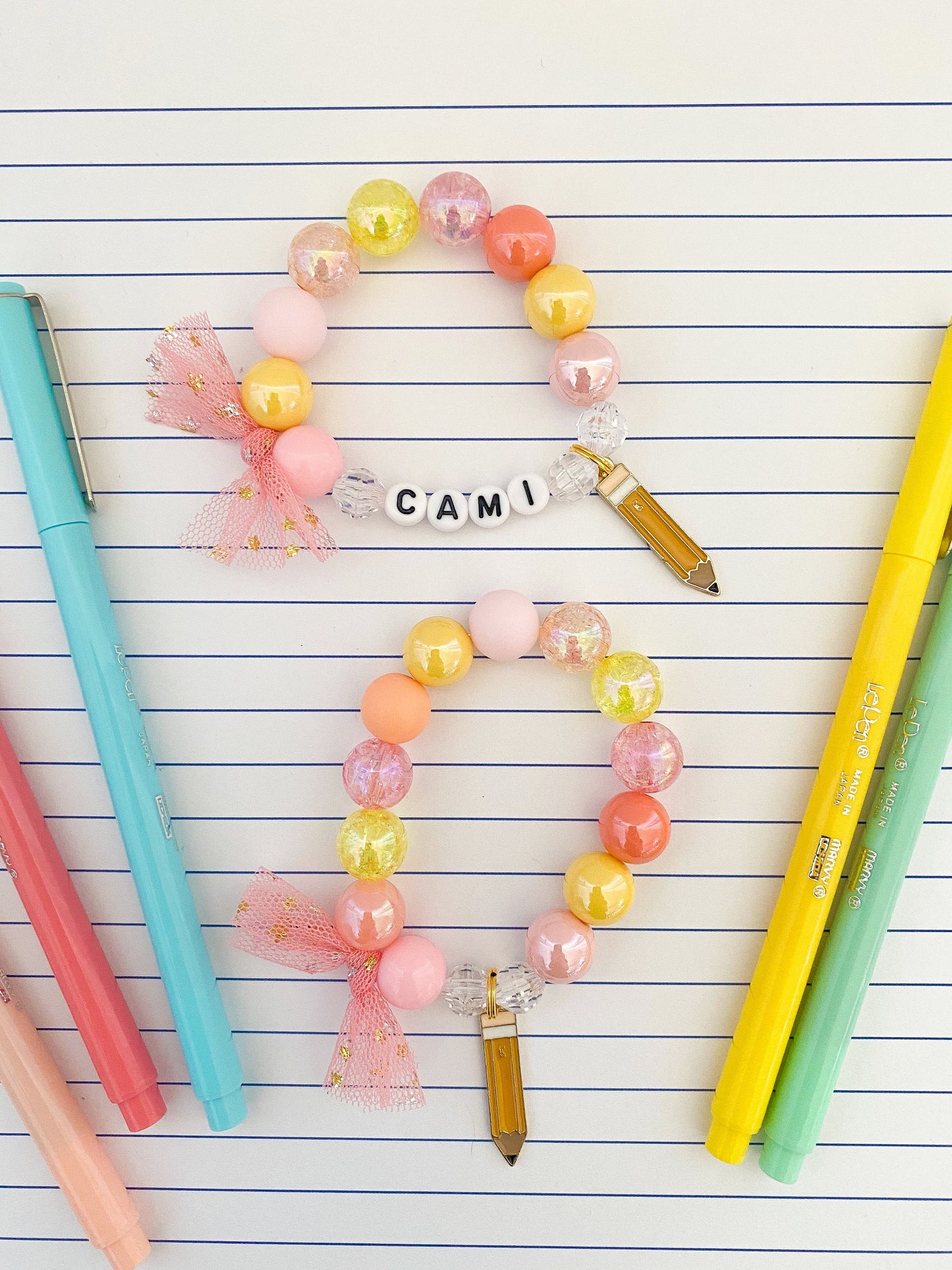 Back to School Kids Pastel Colors Pencil Charm Bracelet, Personalized Custom Name