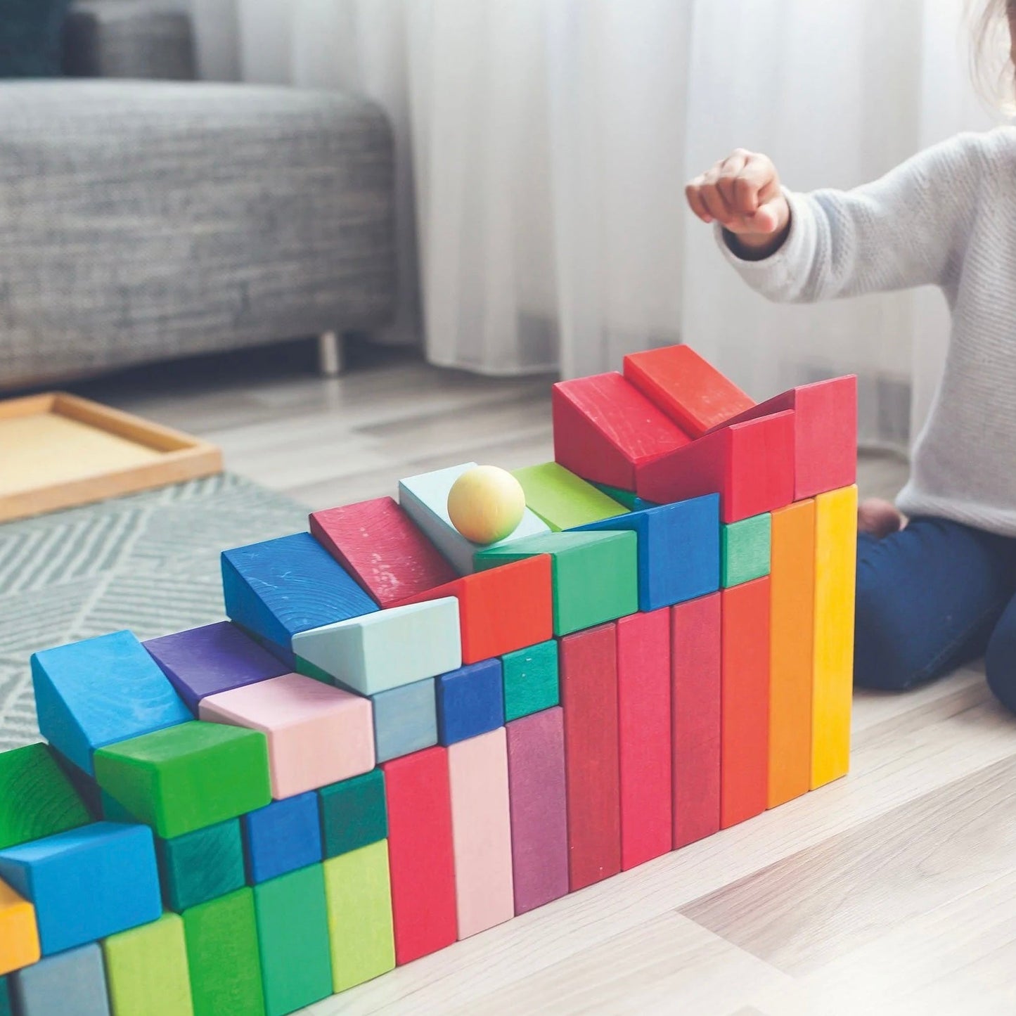 **Pre-order (Ships in 2-3 Weeks)**30 Pcs Stained Wooden Sloping Blocks – Primary Rainbow Colors with Storage Tray