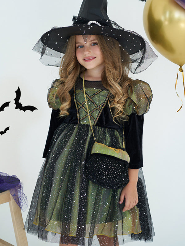 Girls Witch Dress Halloween Costume - Green & Golden Party Outfit
