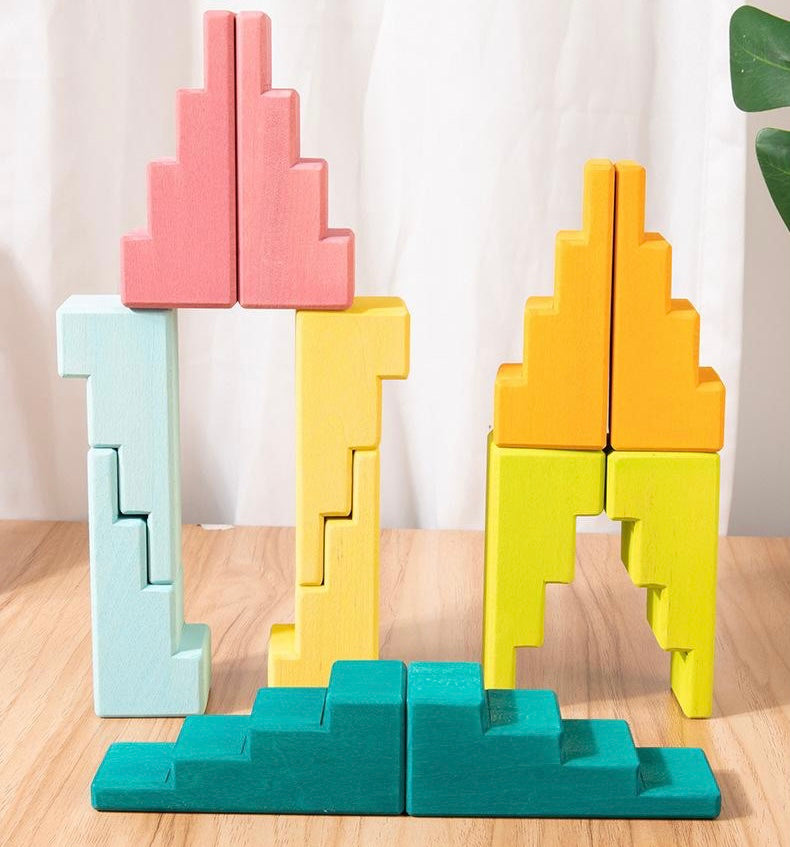 12-Piece Stained Stepped Roof Building Block Set — Pastel / Macaron Colors