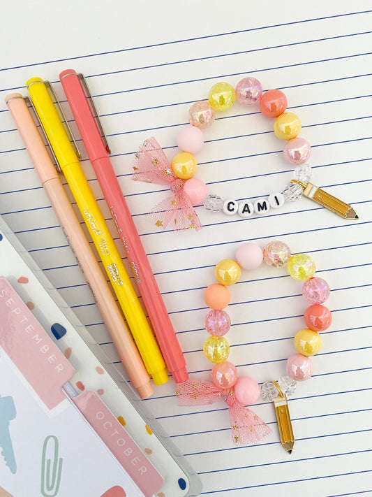 Back to School Kids Pastel Colors Pencil Charm Bracelet, Personalized Custom Name